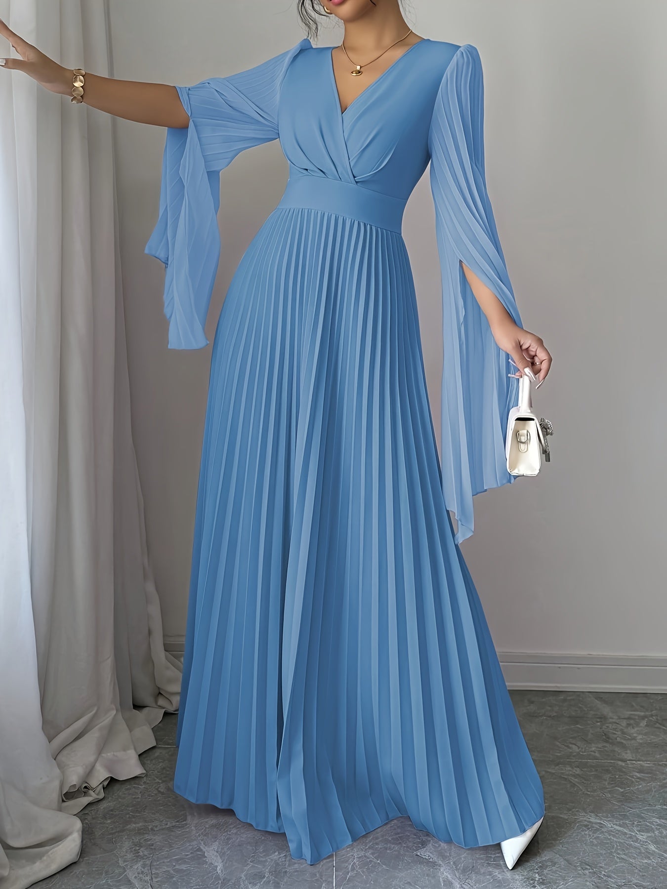 Elegant V-Neck Ruffle Sleeve Maxi Dress - Deep Red, Long Flowing Gown with Puffy Sleeves, Perfect for Parties & Formal Events, Formal Attire|Ruffle Detail|Vneckline