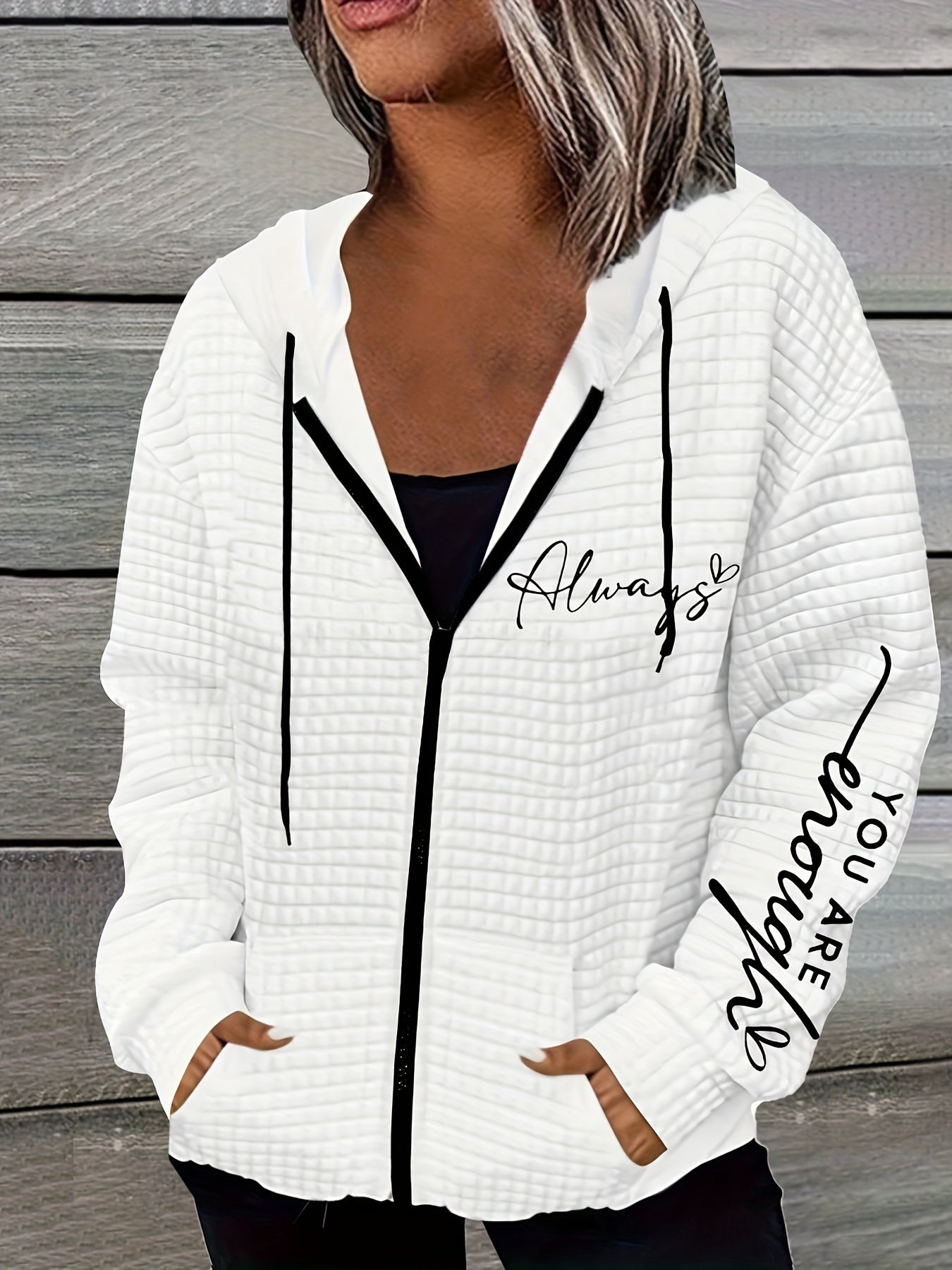 Women's Elegant Letter Print Hoodie - Long Sleeve Kangaroo Pocket Pullover, Soft White Fleece-Lined Winter Sweatshirt, Machine Washable Casual Top for Autumn & Winter, Sweater Hoodie