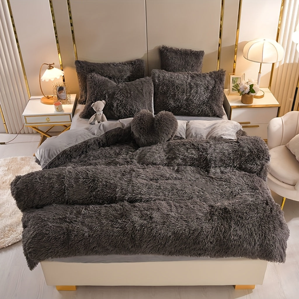 4pcs Queen/King Size Comforter Set | Fluffy Plush Velvet Bed Comforter Sets (1 Duvet+2 Pillowcases+Sheet) | Ultra Soft Thermal All-Season Luxury Bedding for Bedroom, Dorm & Guest Rooms | Queen Size Comforter Set & King Size B