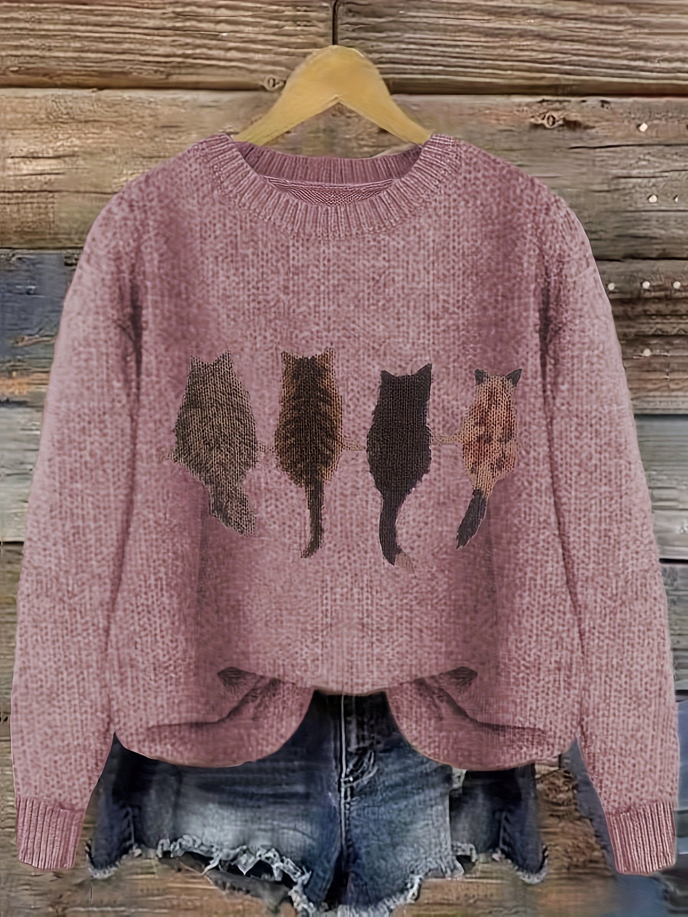 [Casual Cat Print Sweater] Color Block Cat Print Crew Neck Knit Sweater - Loose Fit Pullover - 100% Polyester - Women's Casual for Fall/Winter