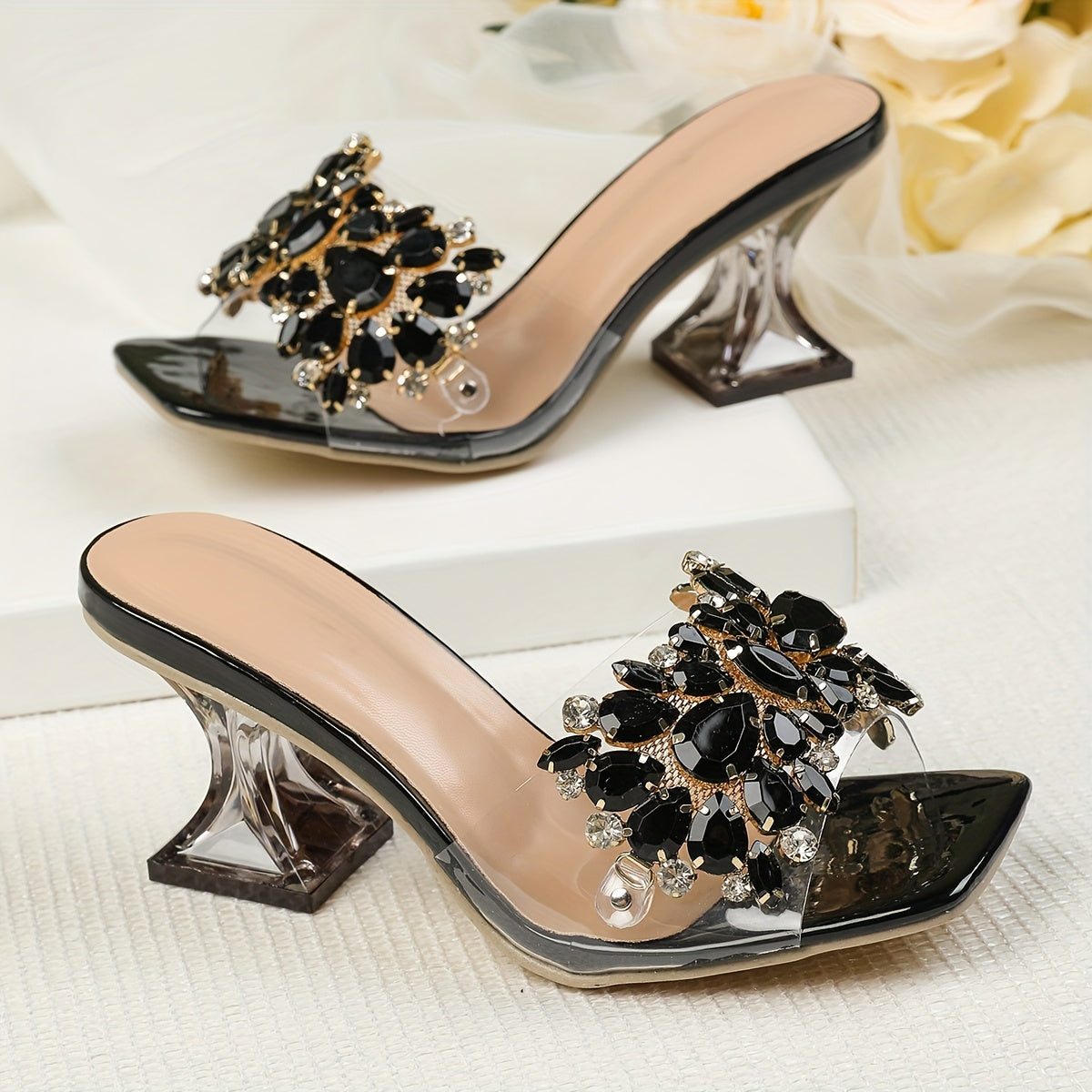 Women's Rhinestone Embellished Pyramid Heel Sandals - Stylish Pink Transparent Strap with Sparkling Floral Design, Perfect for Weddings & Formal Events