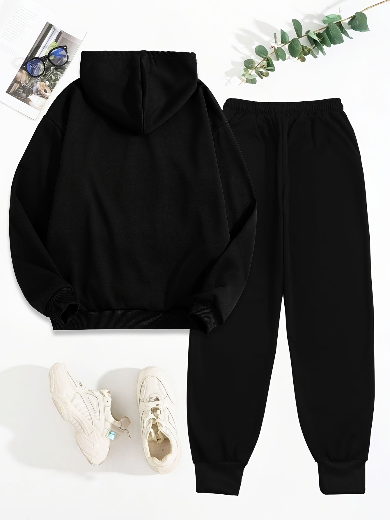 1 Set Women'S Casual Polyester Two-Piece, Fall/Winter Knit Fabric Hoodie with Pocket & Drawstring Pants, Letter Print "Perfectly Imperfect" Design