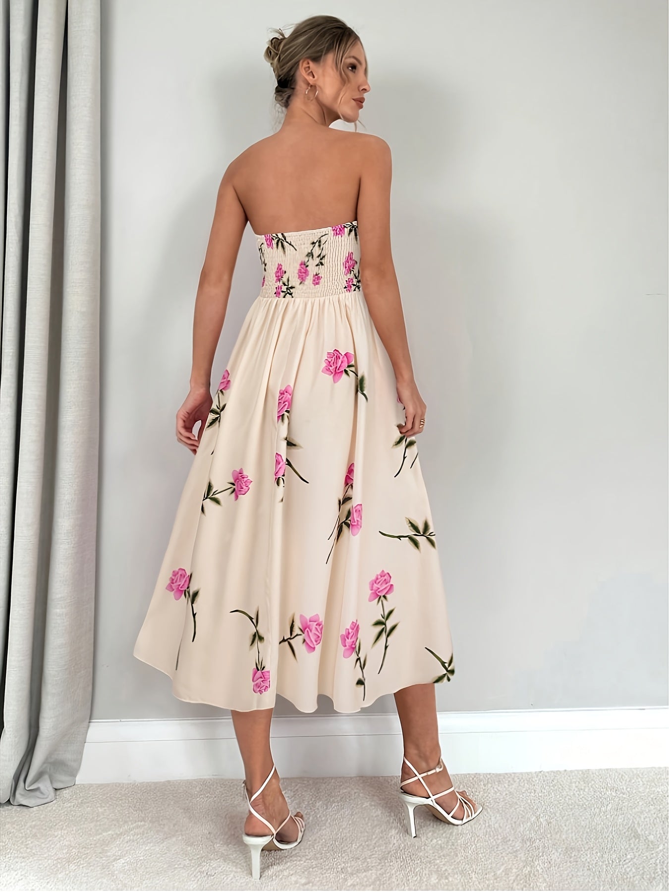 Women's Elegant Off-Shoulder A-Line Floral Print Rose Print Dress - Knee-Length with Ruffled Hem & Waist Tie, Machine Washable for Weddings, Parties, Graduations, Prom - Pink Floral Print Formal Evening Dress, Event Attire |