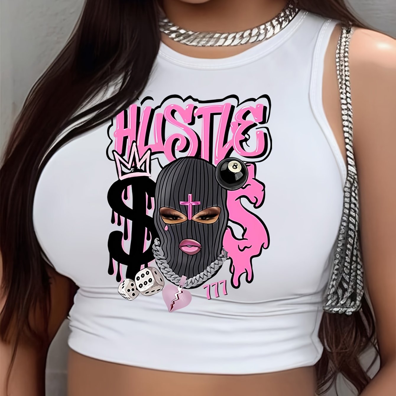 HUSTLE & Figure Print Crew Neck Tank Top, Casual Sleeveless Crop Tank Top For Spring & Summer, Women's Clothing