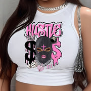 HUSTLE & Figure Print Crew Neck Tank Top, Casual Sleeveless Crop Tank Top For Spring & Summer, Women's Clothing