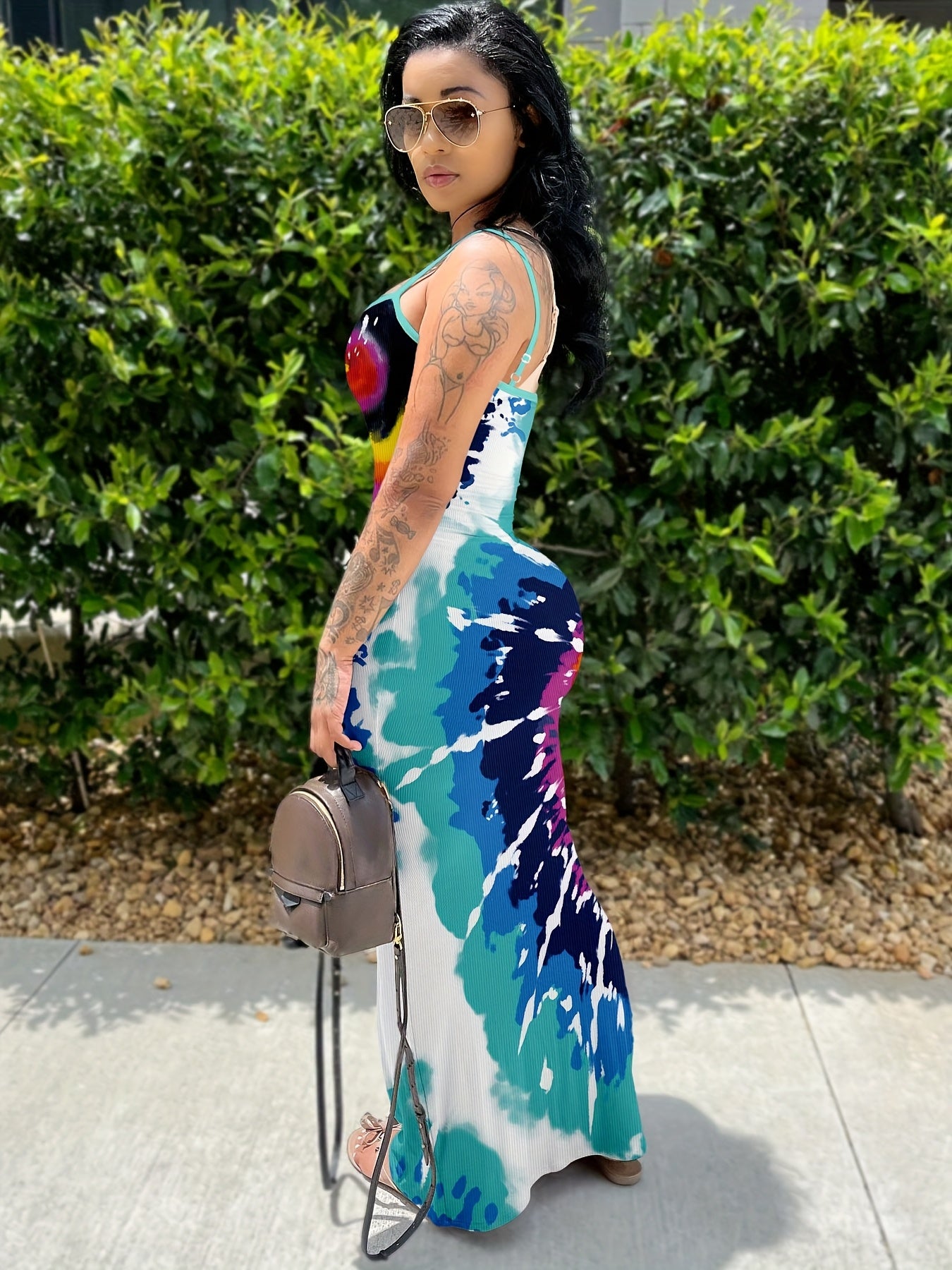 Vibrant Tie-Dye Bodycon Maxi Dress for Women - Casual & Sexy Sleeveless Summer Dress with Adjustable Spaghetti Straps, U-Neck, and Backless Design - Perfect for Beach, Wedding Guest, and Date Night Outfits