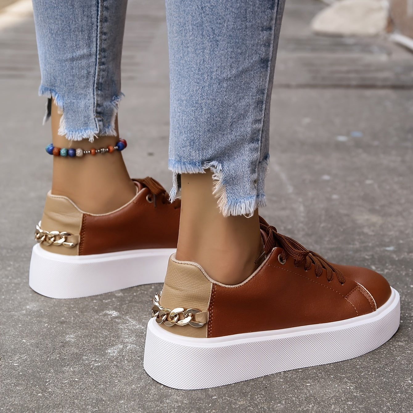 Women's Colorblock Casual Sneakers, Lace Up Comfy Chain Decor Flat Shoes, Versatile Low-top Skate Shoes