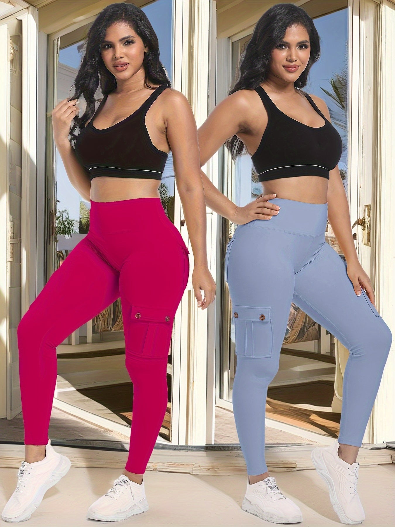 2pcs high-waisted yoga leggings with 4-button pockets, multi-pack butt-lifting and abdominal fitness running four-way elastic work pants, 2pcs leggings set