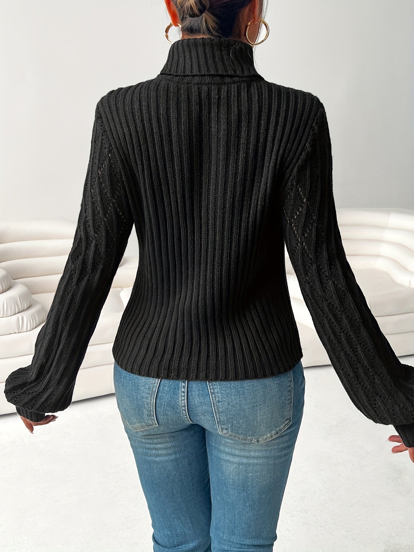 Cut Out Turtle Neck Textured Slim Sweater - Casual Long Lantern Sleeve - Soft & Cozy Fabric - For Fall & Winter - Women's Clothing - Perfect Gift for Fashionable Women