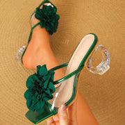 Elegant Women's High Heel Sandals with 3D Floral Accents - Transparent, Square Toe Design for Versatile Fashion