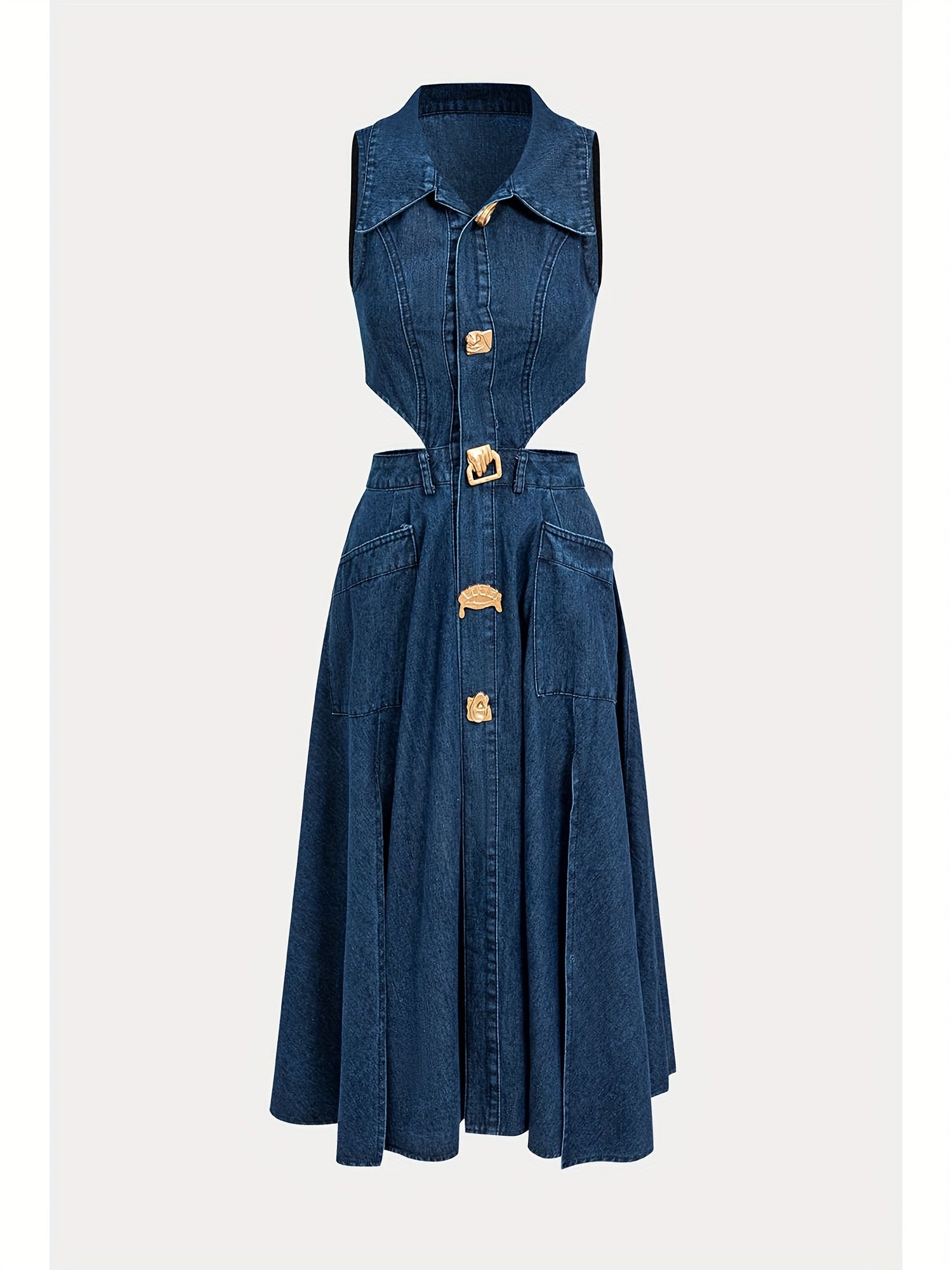 Women's Sleeveless Denim Dress with Open Waist Cut-Out & Split Hem - Golden-Tone Metal Buttons, Square Neck Casual Summer Dress, Machine Washable Mid-Length Skirt for Daily Outings & Gatherings, Evening Event Attire, Decorati