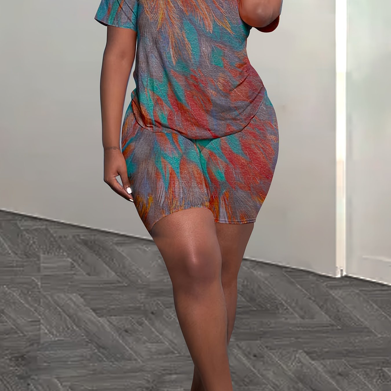 Women's Tie-dye Print Casual Top T-shirt and Tight Shorts Set Two-piece