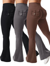 3pcs Women's High Elasticity Yoga Pants with Pockets - Soft Flared Leg Workwear-Style Fitness Pants, Elastic Waistband Tight-Fit Butt-Lifting for Running, Gym & Casual Wear (Black/Grey/Brown), Running Attire | Highwaisted Fla