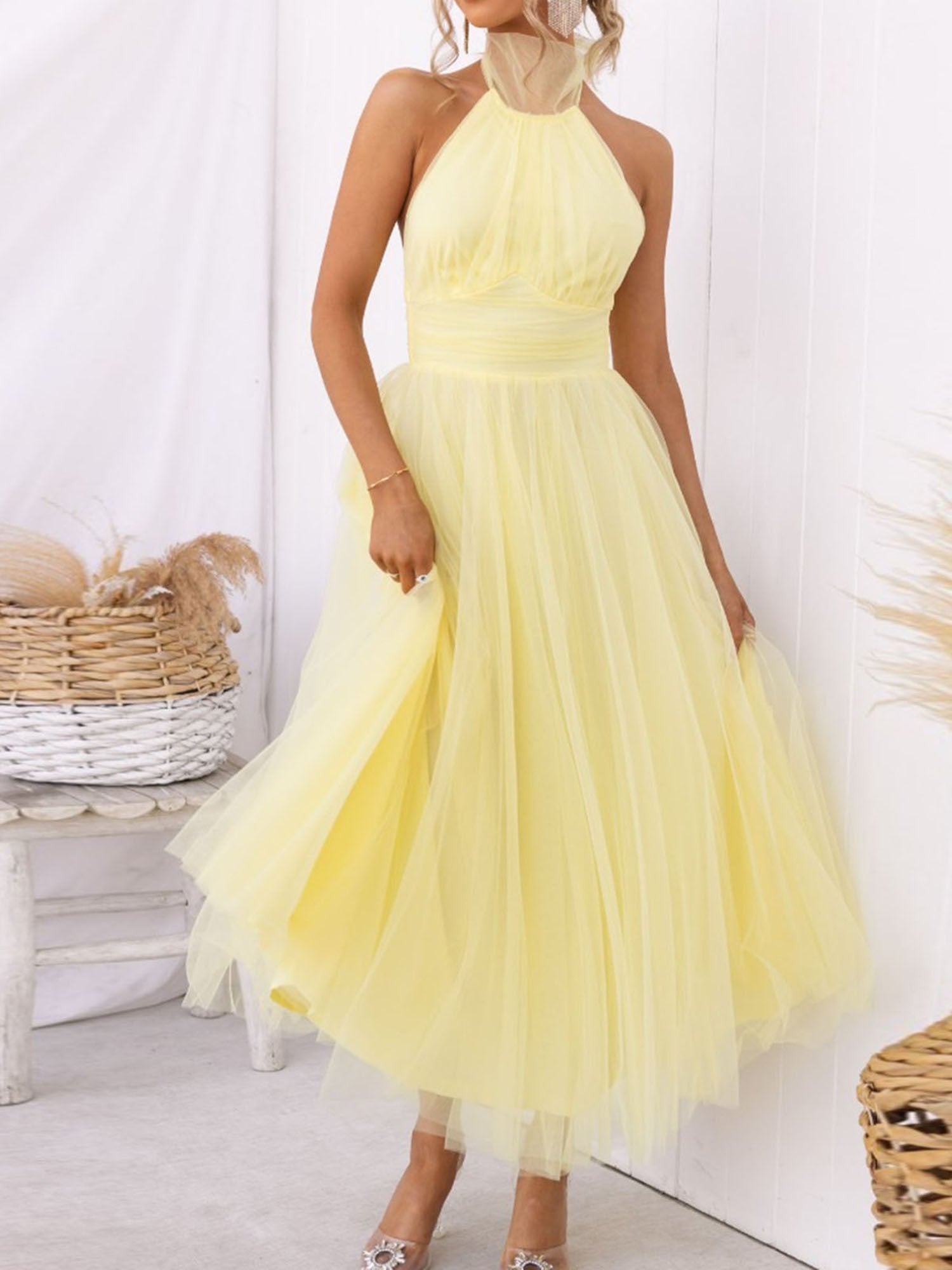 Womens Backless Long Dress Adjustable Tie Halter Neck Tulle High Waist Solid Party Wedding Dress