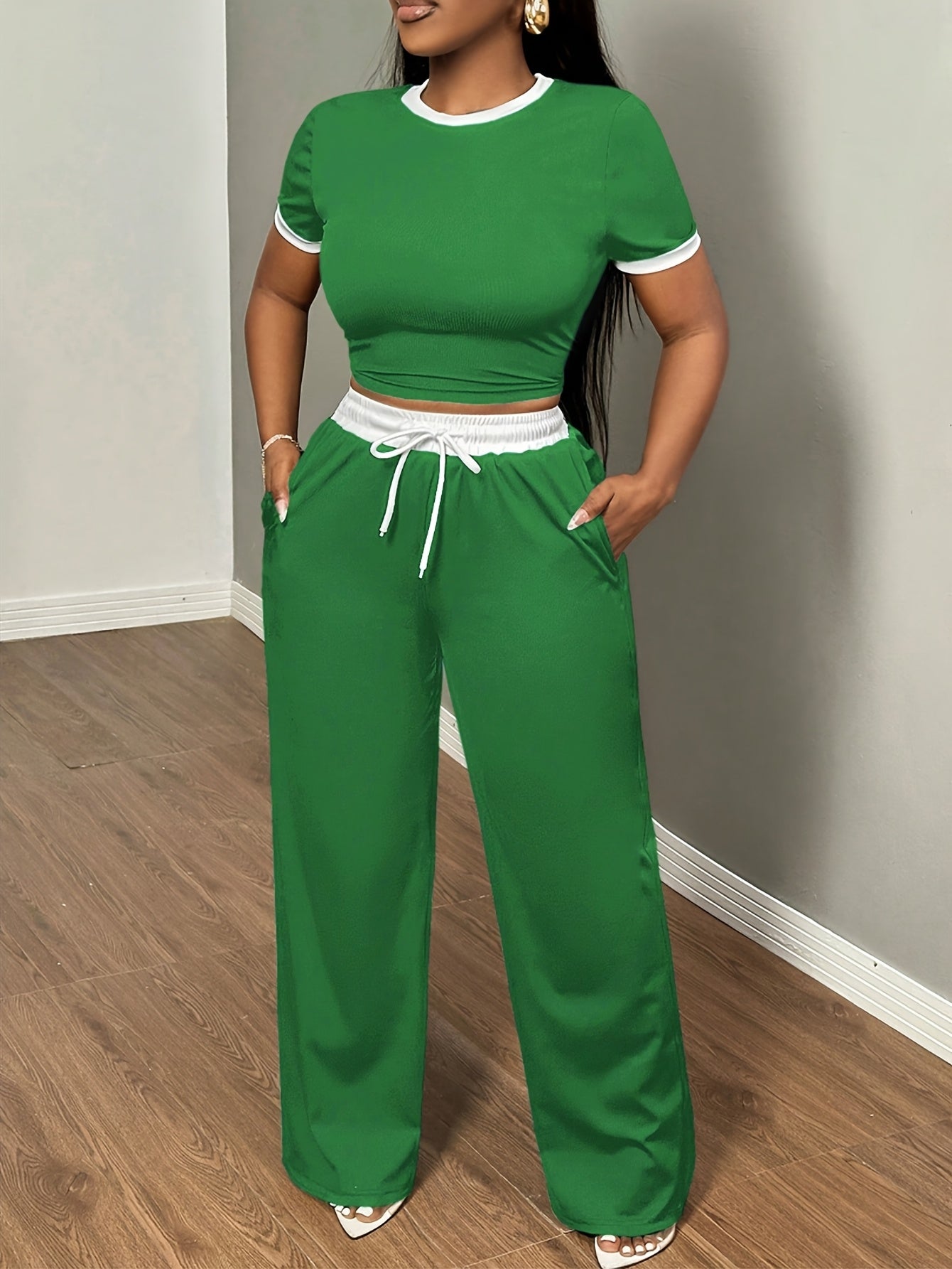 Round Neck Contrast Color Fashion Commuting Wearable Short Sleeve Wide Leg Pants 2pcs Women's Pajama Set