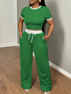 Round Neck Contrast Color Fashion Commuting Wearable Short Sleeve Wide Leg Pants 2pcs Women's Pajama Set