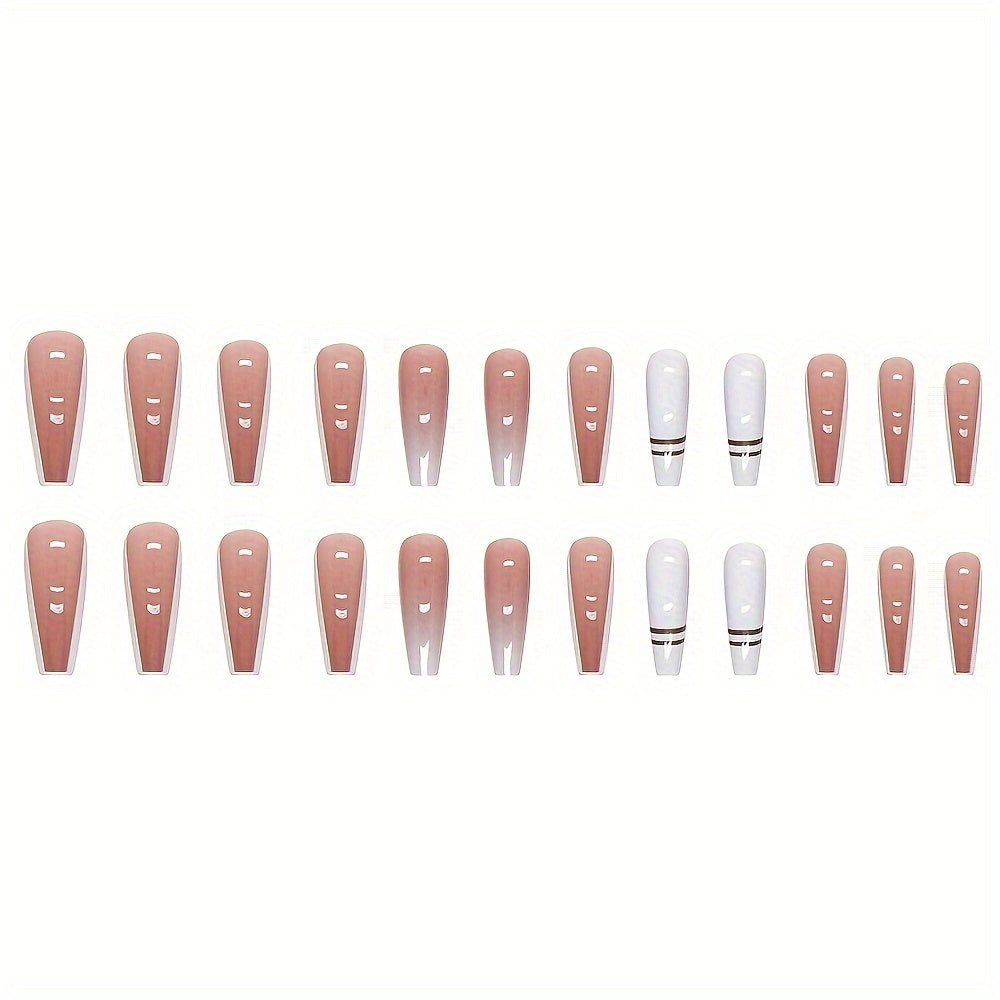 Show Your Beauty 24pcs of Medium Ballet Nails Simple and Elegant White Edge French Golden Stripes Bright White False Nails Fashionable Wearable Nails Suitable for Women and Girls Removable Press-on Nail Set with Jelly Glue an
