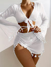 Tassel Decor 4 Piece Set Bikini - Triangle Halter Neck High Cut With Long Sleeves Cover Up Shirt & Skirt Swimsuits - Women's Swimwear & Clothing - For Summer Beach Vacations - Perfect Gift for Women