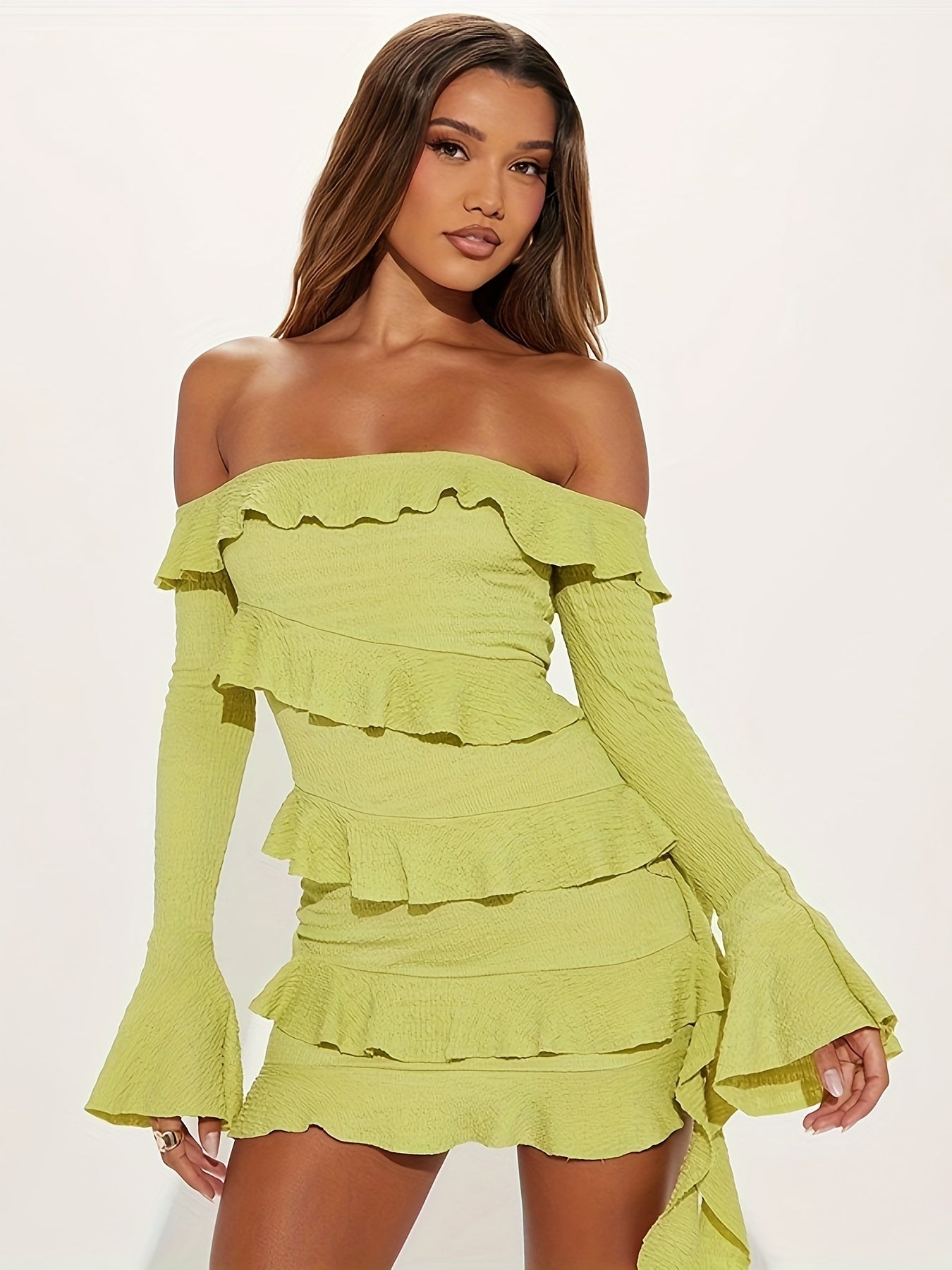 [Off Shoulder Ruffle Hem Dress] Ruffle Hem Off Shoulder Dress, Sexy Long Sleeve Bodycon Dress For Spring & Fall, Women's Clothing