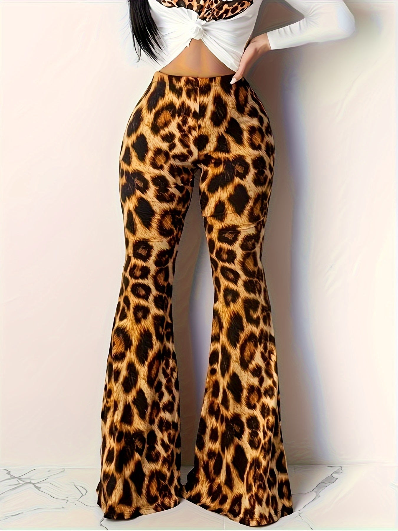 Women's Fashion Leopard Print Flare Leg Pants, 100% Polyester Knit Fabric, High-Waisted Slim Fit Trousers with Bold Animal Print Design, All-Season Wear, Machine Washable, Elegant Middle Eastern Style, Perfect for Casual or C