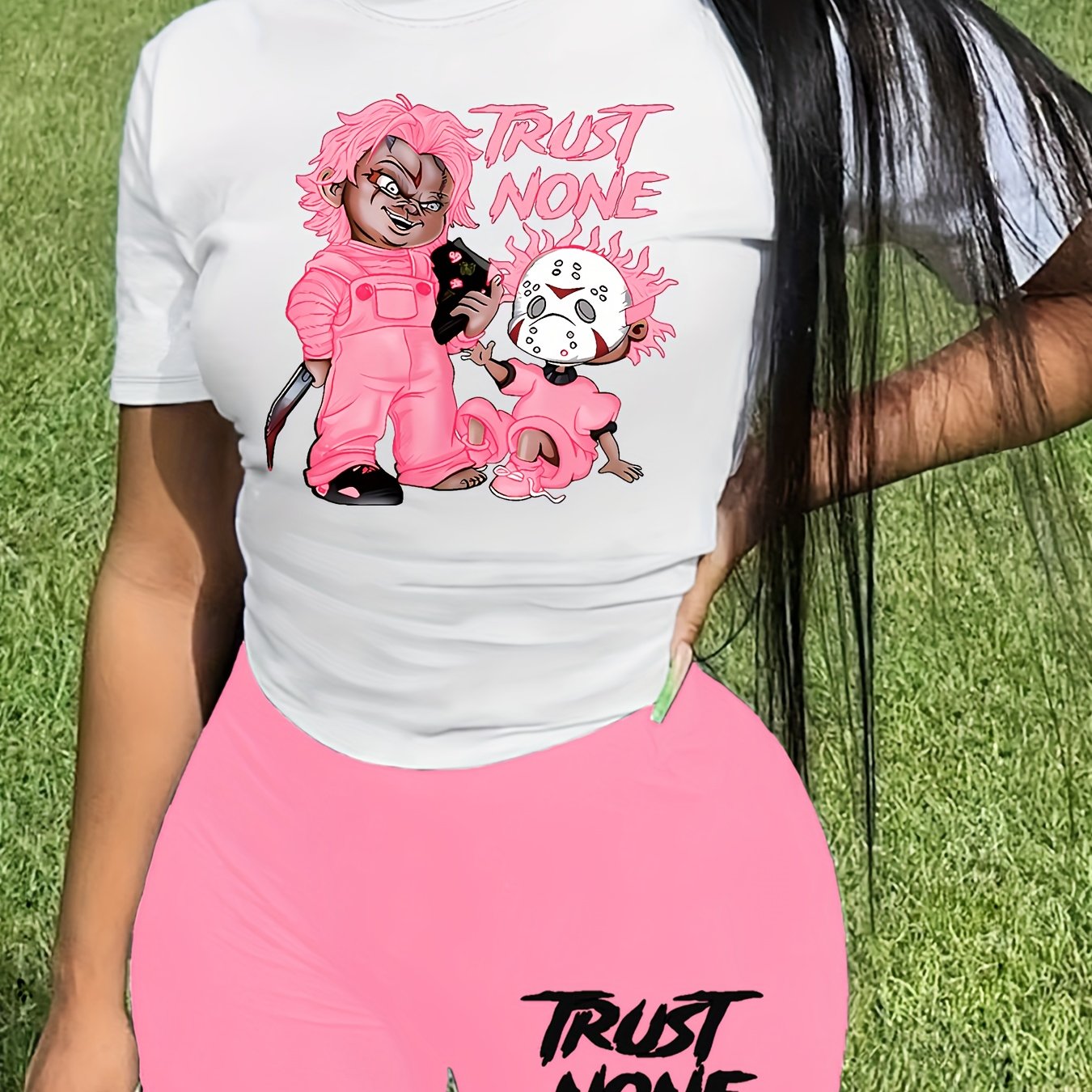 Sexy Orange & White Graphic Print Two-Piece Set - Women's "TRUST NONE" Short Sleeve T-Shirt & High-Waist Shorts, Polyester Blend, Machine Washable