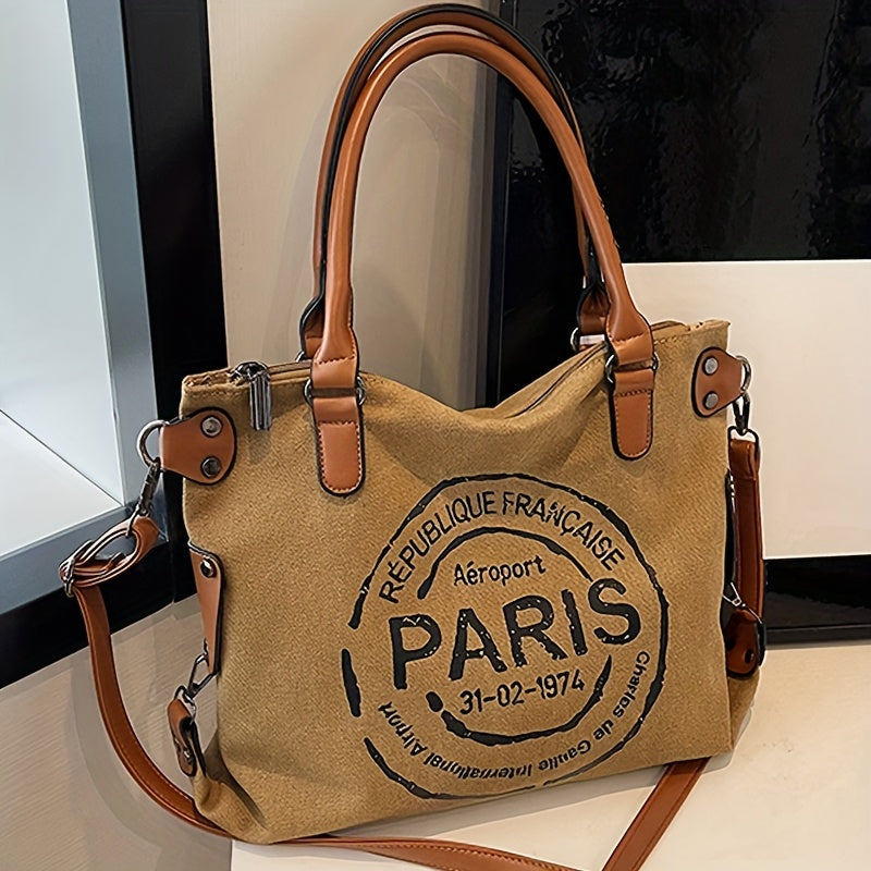 Vintage Paris Shoulder Bag, Retro Crossbody Bag with Removable Strap, Lightweight Casual Fashion Tote for High School And College Students, Daily Commute Work Handbag, Shopping Carry-On with Zipper Closure, Polyester Lining,
