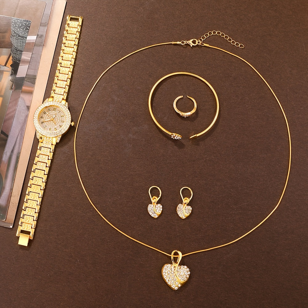 Elegant 6pcs Women's Fashion Quartz Watch Set with Rhinestone Necklace, Earrings, Ring & Bracelet - Shockproof Japanese Movement