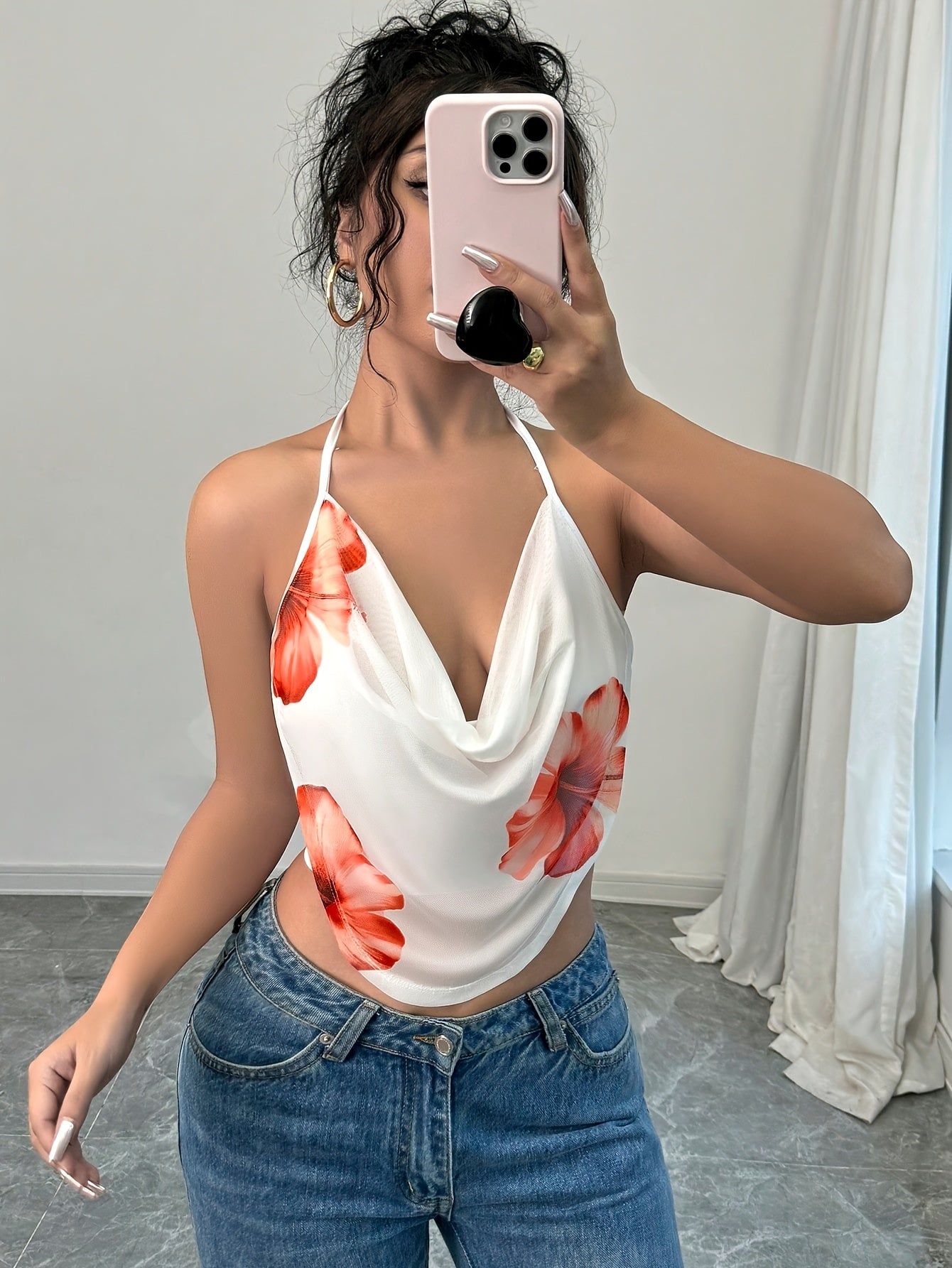 Floral Print Backless Halter Top