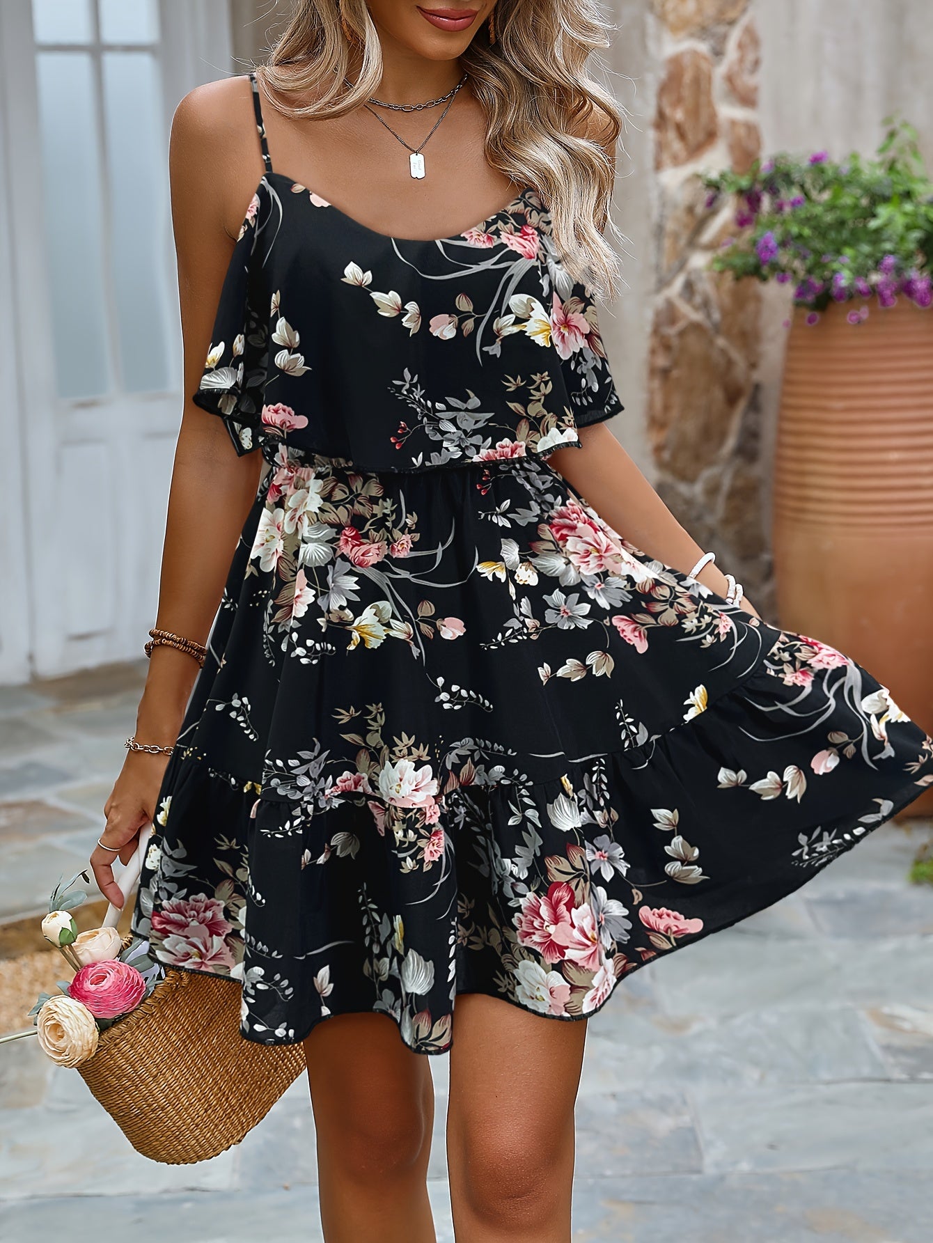 Chic Off-Shoulder Floral Mini Dress with Ruffle Hem & Waist - Casual Polyester, Machine Washable - Perfect for Spring/Summer, Leaf Edge, A-line
