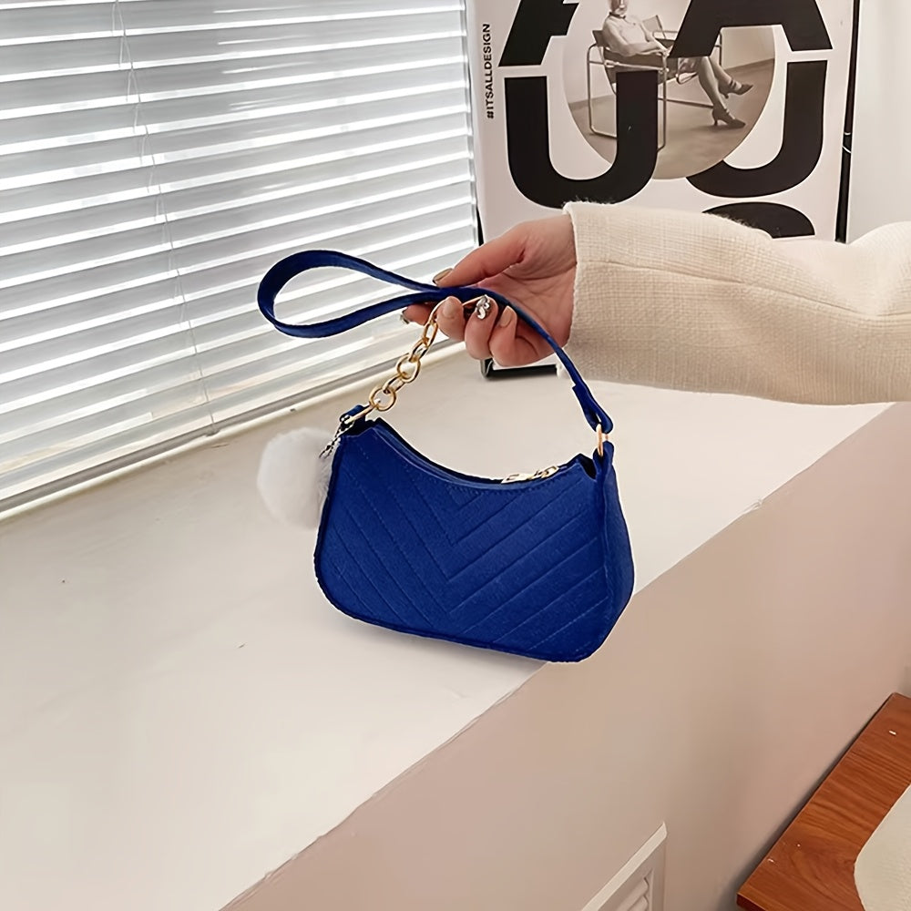 Chic Felt Women's Shoulder Bag with Pom-Pom Charms - Adjustable Strap, Quilted Design, Available in White/Red/Black - Ideal Holiday Gift, Novelty Purse