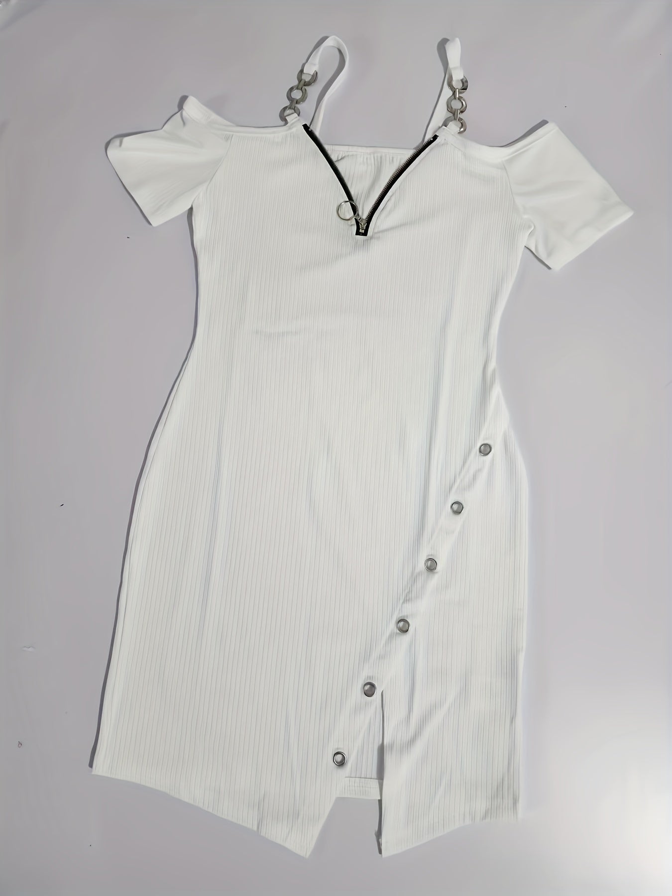 Women's Cold Shoulder Ribbed Chain Strap Dress - Zipper, Elegant, Short Sleeve, Split Bodycon Dress - For Spring & Summer - Perfect for Parties & Casual Occasions - Ideal Gift for Women