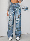 Loose-Fitting Casual Street Style Retro Floral Print High-Waisted Wide-Leg Blue Faux Denim for Women'S Fashion in All Seasons.