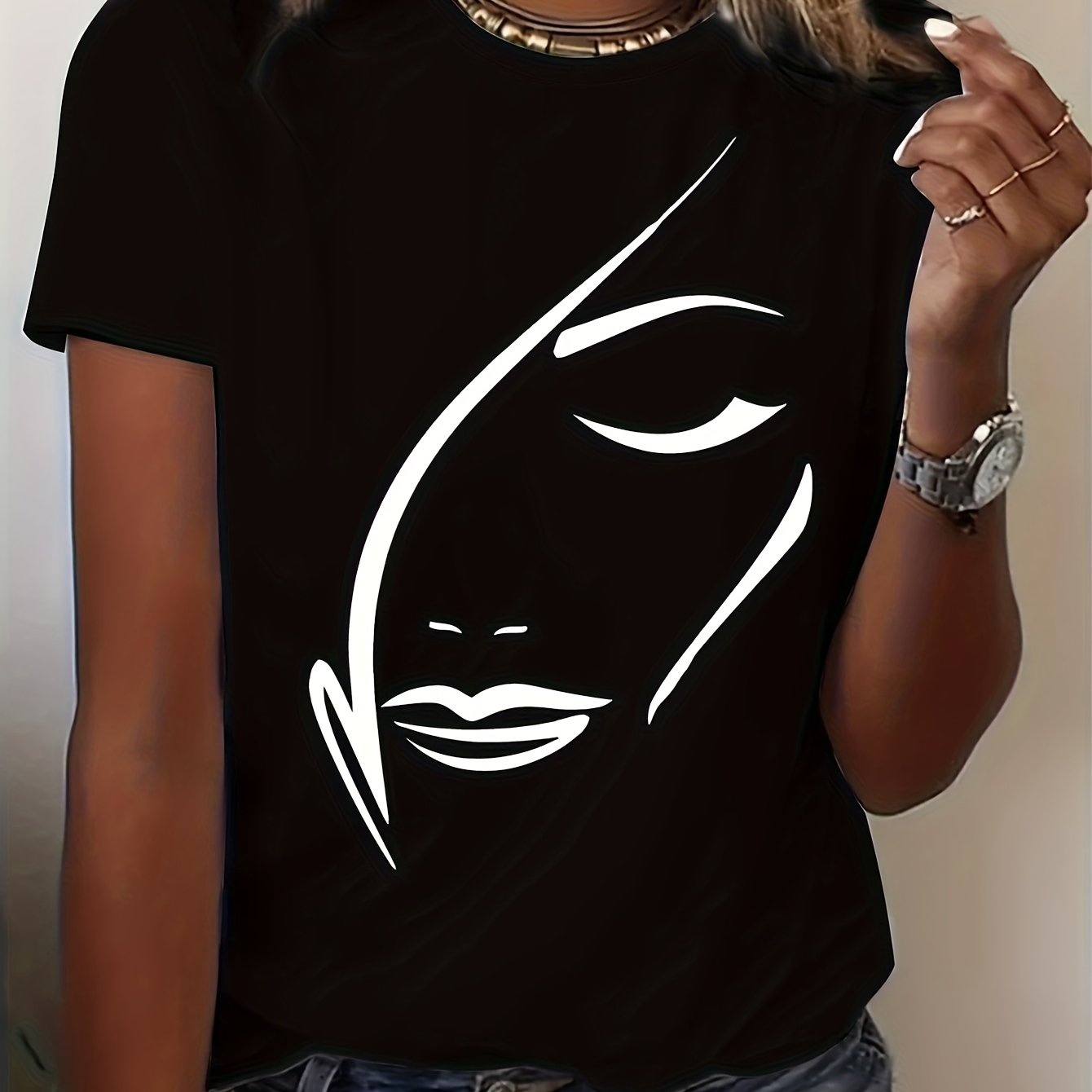 Women's Anime Face Graphic Cotton T-Shirt - Soft Breathable Round Neck Short Sleeve, Loose Fit Casual Top for Spring/Summer, Machine Washable Everyday & Party Wear, Everyday Tshirt | Artistic Print Shirt | Cotton