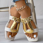 Women's Metal Chain Decor Flat Slides, Square Open Toe Non Slip Slide Sandals, Outdoor Versatile Slides