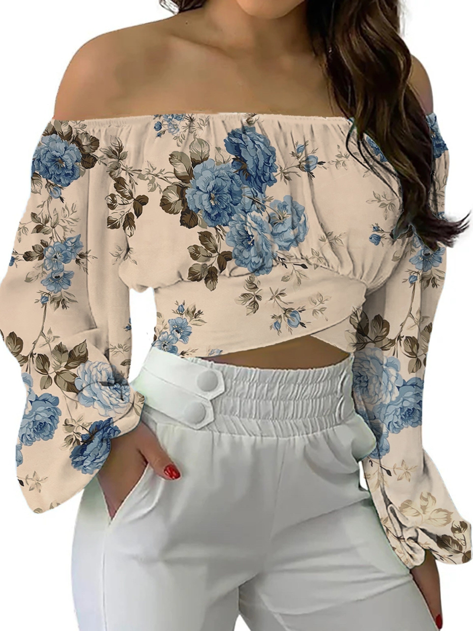 Flora Print Off Shoulder Crop Blouse, Elegant Tie Back Lantern Sleeve Blouse For Spring & Fall, Women's Clothing