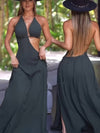 Women's Sexy Halter Neck Backless Evening Dress - Form-Fitting Top & Flowy Skirt, Solid Color, Machine Washable, All-Season Party & Formal Wear, Medium Elasticity Fabric