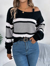 Chic Off-Shoulder Color Block Sweater with Metal Buckle Detail - Casual Long Sleeve Knit for Women, Perfect for Fall/Winter