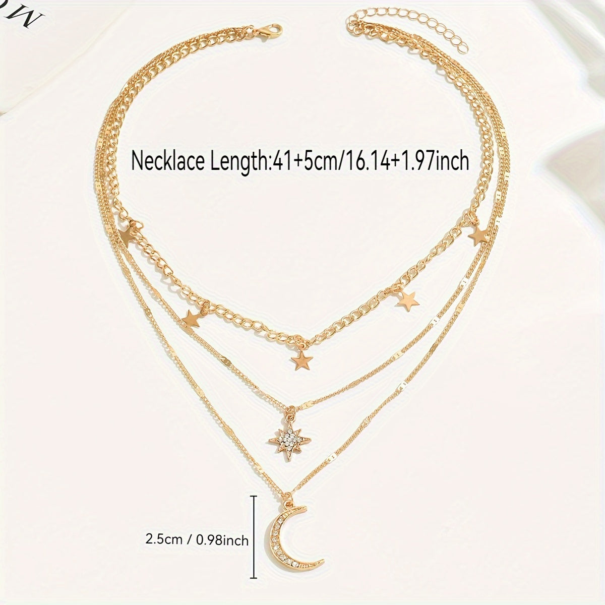 Elegant Boho-Chic Multi-Layer Golden Necklace for Women with Star and Moon Pendants, Sparkling Rhinestone Accents - Vintage/Bohemian Style, Zinc Alloy, Perfect for Casual Attire, Charm Necklace