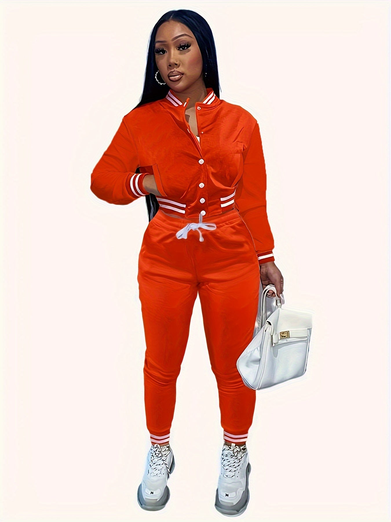 Casual Two-piece Set, Button Front Bomber Jacket & Drawstring Pants Outfits, Women's Clothing