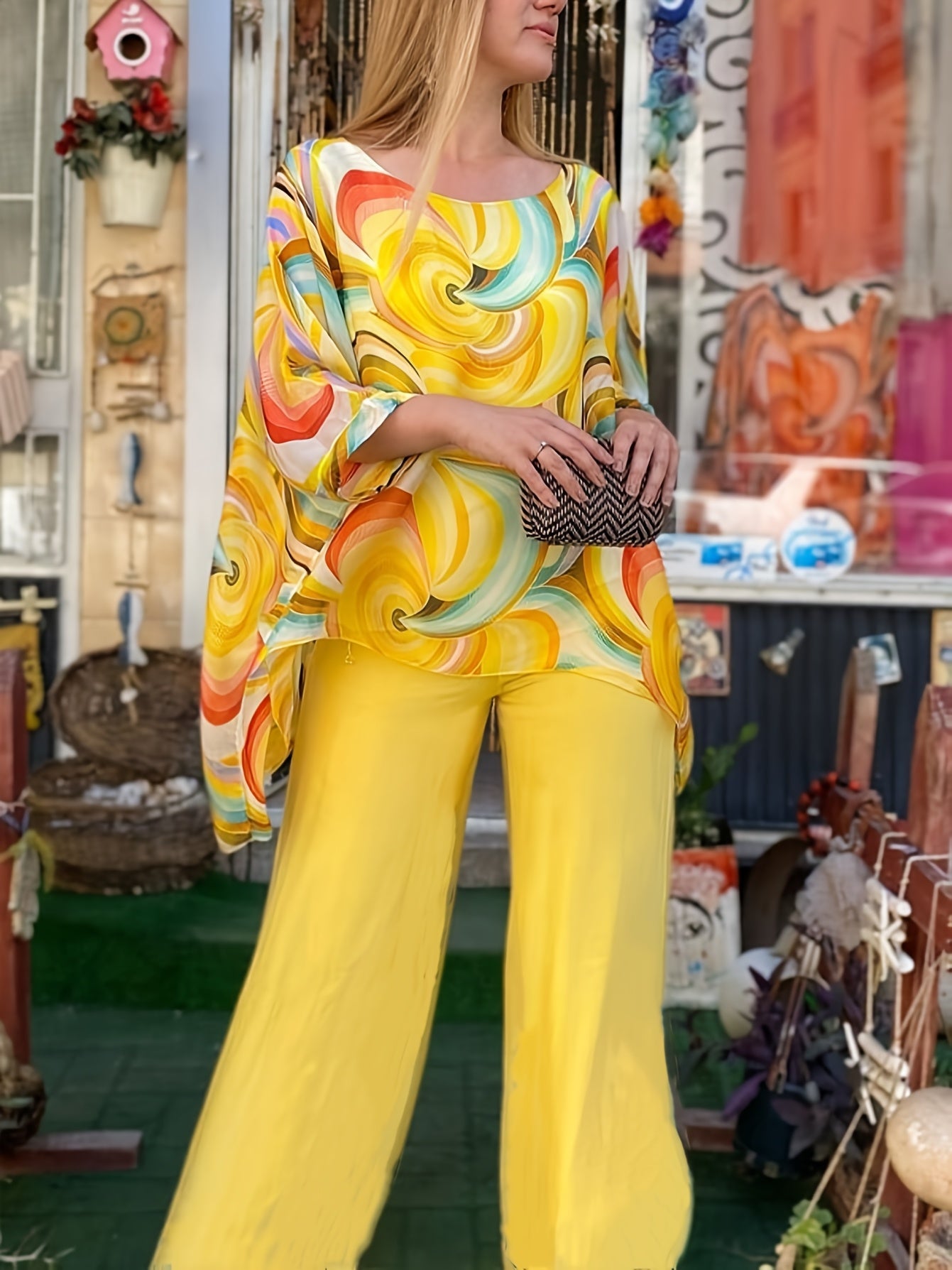 Women'S Vibrant Yellow & Multicolor Swirl Print Two-Piece Set - Loose-Fitting Long Sleeve Top & Wide-Leg Pants, Casual Spring/Summer Outfit, Polyester Blend, Casual Wear|Vibrant Print Top|Polyester Fabric