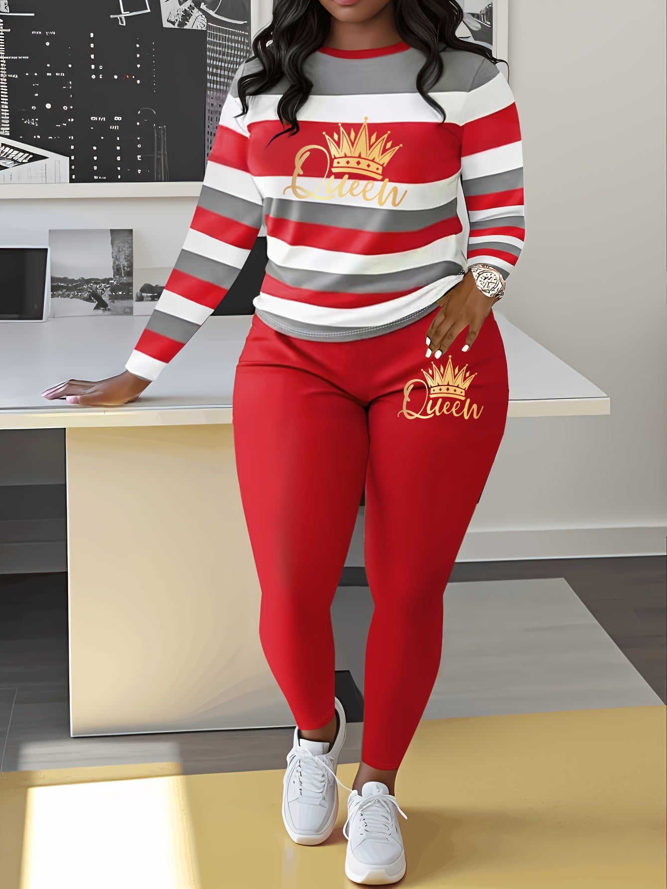 Women's Striped Crown Print Casual Tracksuit Set - Polyester & Elastane Knit Crew Neck Long Sleeve Top with Pants, No Belt - Fall/Winter Cozy Loungewear Suit (1 Top + 1 Pants)