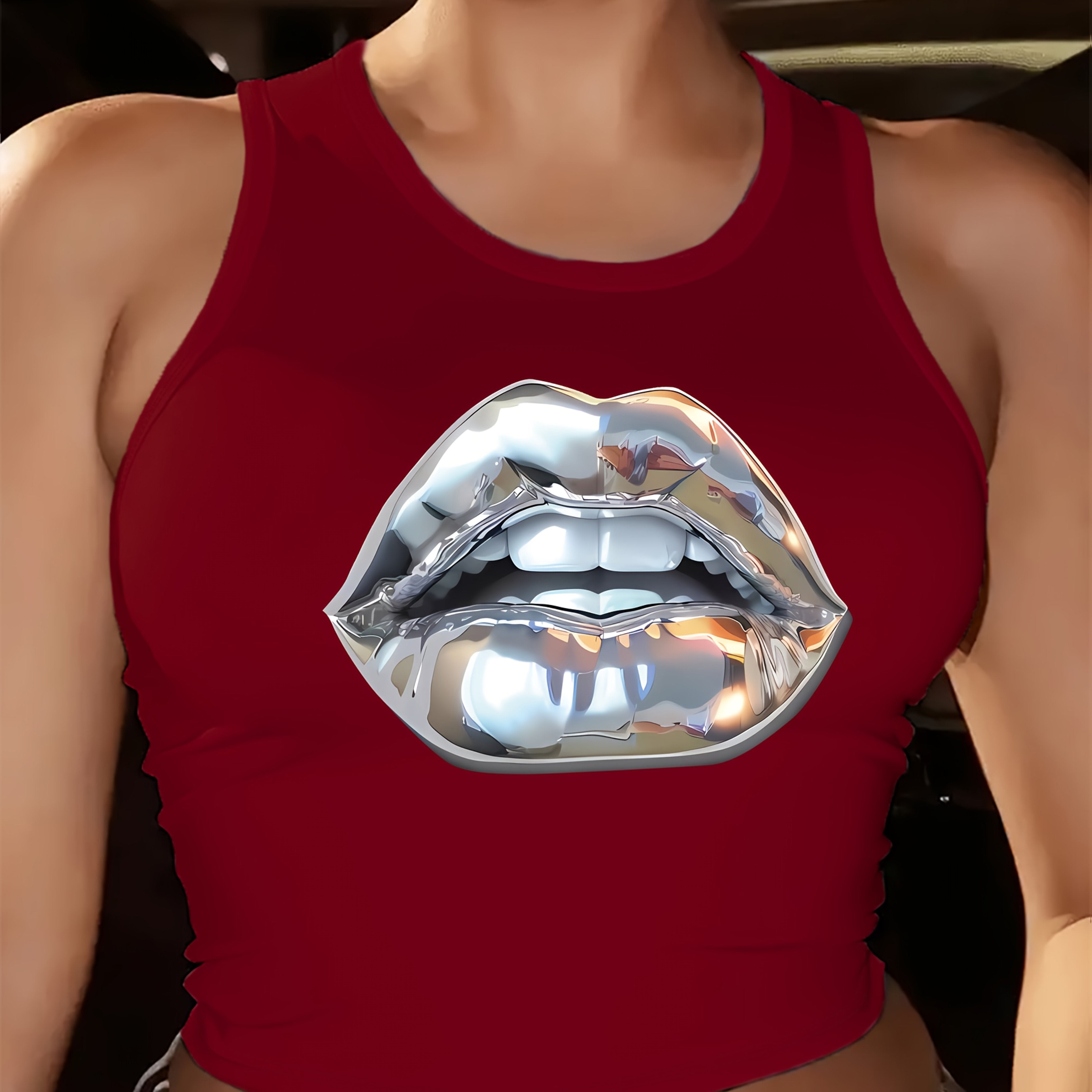 [Casual Fashion Crew Neck Vest] Lip Pattern Vest, Sleeveless Casual Fashion Crew Neck Vest, Spring/ Summer Women's Top