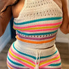 Two-piece Y2K Striped Print Matching Set, Halter Top & Drawstring Shorts Outfits for Women