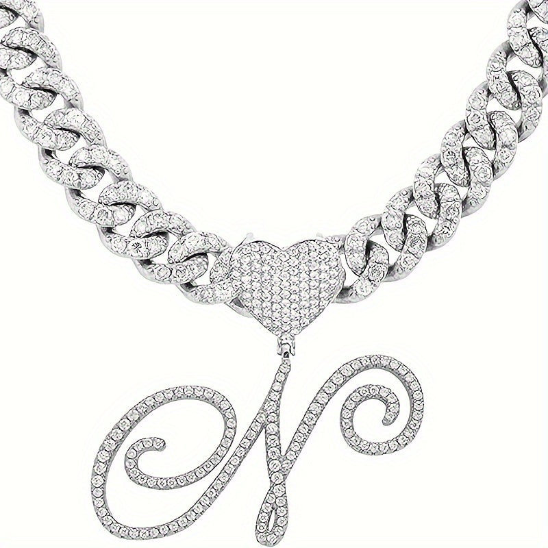 Silvery Cuban Link Necklace - Heart-shaped Alphabet Pendant on Ice Chain - Unisex Hip-hop Jewelry Gift