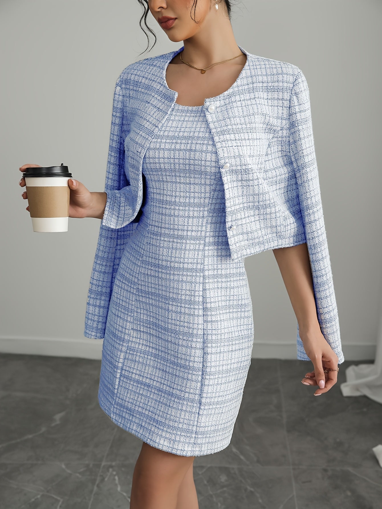 Women'S Elegant Plaid Dress and Jacket Set - A-Frame Mini Dress with Button Front, Stretchy Polyester Fabric, Perfect for Fall and Winter, Stylish and Comfortable Outfit|Chic Mini Dress|Buttoned Jacket, Cute Dresses