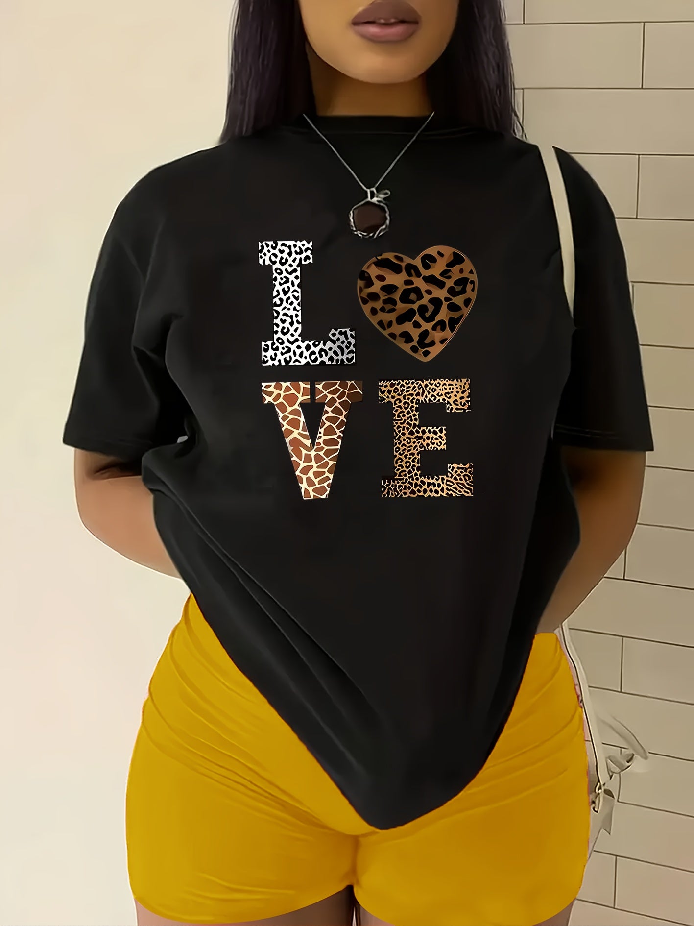 Stylish White 'LOVE' Leopard Heart Print Tee - Casual Round Neck Short Sleeve, 100% Polyester, Machine Washable - Perfect for All Seasons, Casual Wear Tee|Leopard Heart Design|Stretchable Material