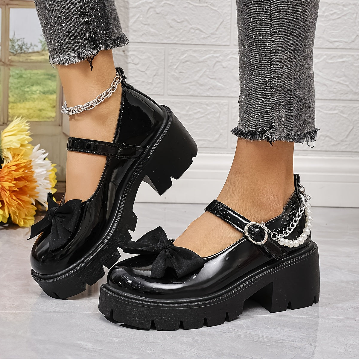 Women’s Pearl-Embellished Patent Penny Loafers – Chunky Round Toe Slip-On Shoes with Glitter Detail & PVC Sole, Mesh Lined, All-Season Fashion Footwear