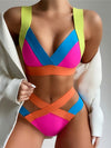 Women'S High Stretch Color Block Bikini Set - European & American Style Triangle Cross Strap Swimsuit with Neon Green, Pink, Blue, Orange Bandeau Top & High-Waisted Bottoms