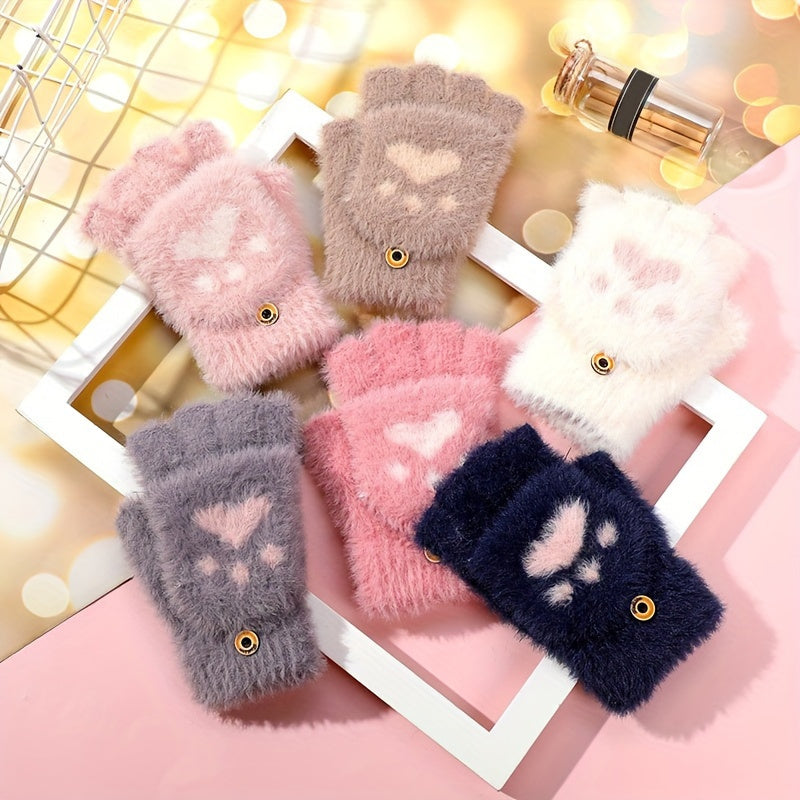 Cozy Cat Paw Convertible Mittens for Women - Soft, Warm Fingerless Gloves with Flip-Top Design | Cute Aesthetic White Furry Winter Accessory, Machine Washable