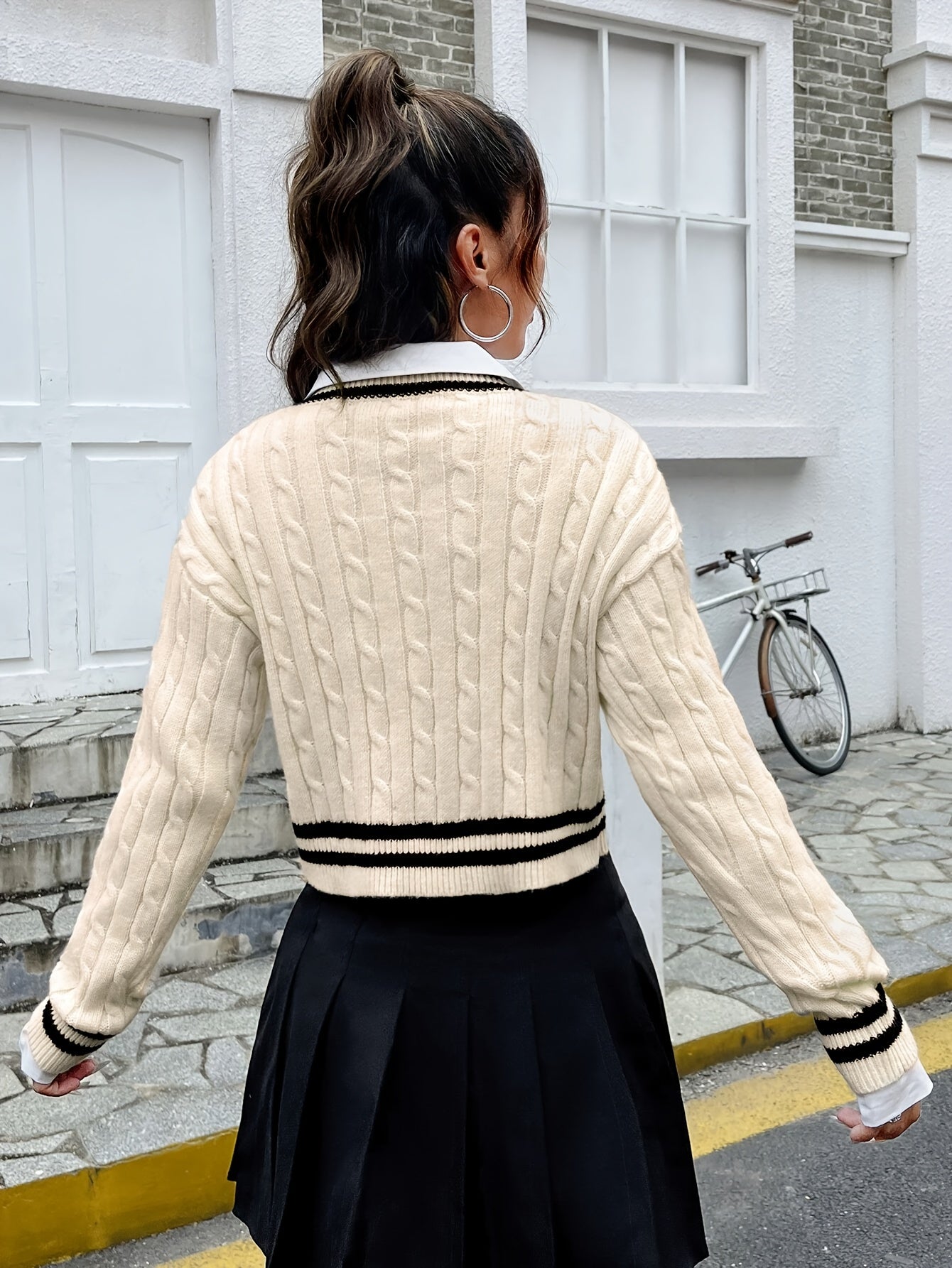 Cozy Long-Sleeve V-Neck Knit Sweater with Letter "A" - Cute Preppy Style, 100% Polyester, Machine Washable - Ideal for Fall/Winter Casual Wear